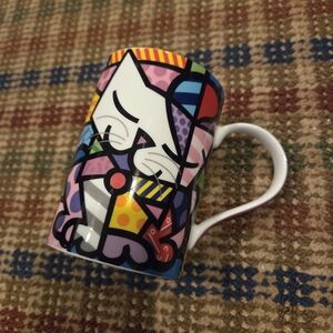 Romero Britto Colorful Mosiac Geometric Cat Mug 2015 Happy Stripes Polka Dots